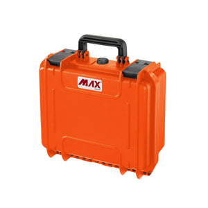 Orange Panaro MAX300 case closed, angled view of the black handle, latches and red and white MAX label