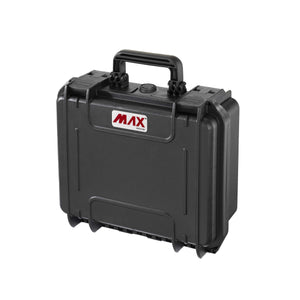 Black Panaro MAX300 watertight case shut, three quarter view of handle, latches and the MAX logo label
