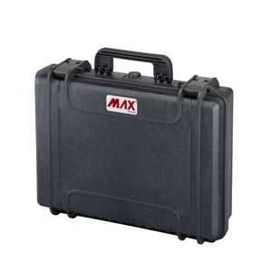 Black Panaro MAX465H125 low profile waterproof case closed, three quarter view with handle, latches and red MAX logo