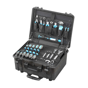 MAX465H220PATR open at an angle with screwdrivers and spanners on the front tool panel, pliers and hex keys in the lid pockets and the trolley pull handle below