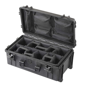 Panaro MAX520CAMORGTR open: grey padded dividers in the base and a mesh organiser with zip pockets in the lid, trolley wheels at the front