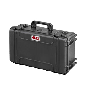 Panaro MAX520HDS closed, three-quarter view of the black MAX520 shell with the red MAX logo, top carry handle and side latches