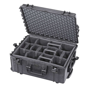 MAX540H245CAMTR open, grey padded divider insert split into compartments in the base and convoluted foam in the lid, wheels at the rear