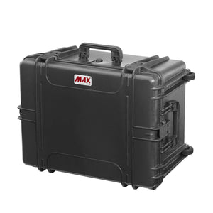 Panaro MAX620H340 black case closed, three-quarter view with the top handle, a side handle and a rear wheel
