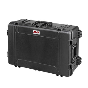 Panaro MAX750H280 black waterproof case closed, front view with carry handle, side latches and red MAX logo