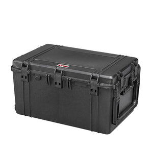 Panaro MAX750H400 black waterproof case closed at an angle, showing latches, side handle and MAX logo