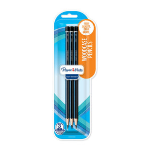 Paper Mate Exam Standard blister card of 3 sharpened 2B woodcase pencils, black barrels with blue stripes, one of the 12 cards in this box