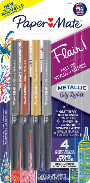 Front of a Paper Mate Flair Metallic City Lights blister card with 4 metallic felt tip pens in charcoal, copper, gold and silver barrels, city skyline art and Store tip down.