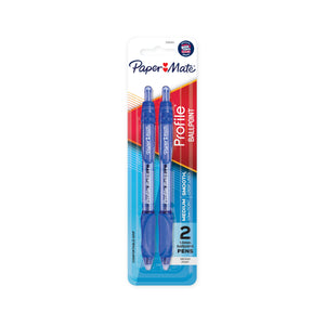 Front of a Paper Mate Profile ballpoint blister card holding 2 blue retractable pens with blue grips, marked Medium 1.0mm point, smooth, crisp lines.