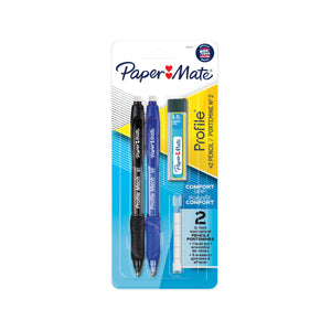 Front of a Paper Mate Profile Mech blister card with one black and one blue 0.7mm mechanical pencil, a lead refill tube and 5 erasers, marked comfort grip.