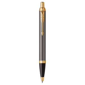Parker IM ballpoint pen in grey lacquer with gold clip and trims and a black cone, standing upright