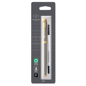 Parker IM rollerball on a grey blister card printed Parker, IM, Refillable, Rollerball and F, with a refill beside the pen