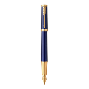 Parker Ingenuity fountain pen uncapped in glossy blue lacquer with gold clip, band and nib, standing upright