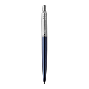 Parker Jotter ballpoint in Royal Blue lacquer with a brushed steel cap and chrome arrow clip, standing upright