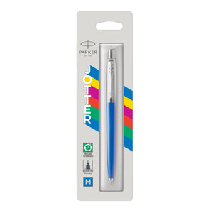 Parker Jotter Original blue ballpoint on a white Parker card with coloured stripes and refillable, ballpoint and M icons