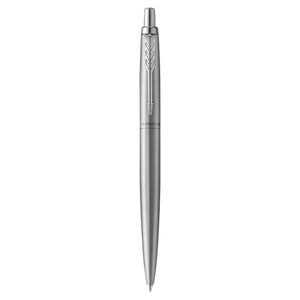 Parker Jotter XL Monochrome in brushed stainless steel standing upright, steel clip and click top, white background