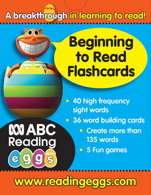 Front of the ABC Reading Eggs Beginning to Read Flashcards box showing the series branding and critter artwork