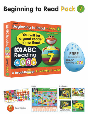Front of the ABC Reading Eggs Beginning to Read Book Pack 7 showing the pack cover artwork and series branding
