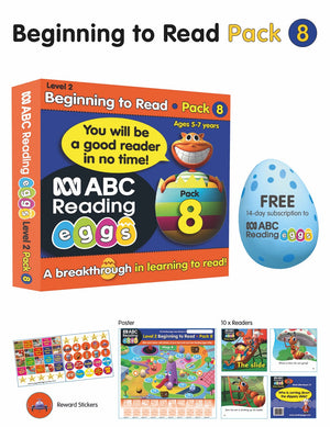 Front of the ABC Reading Eggs Beginning to Read Book Pack 8 showing the pack cover artwork and series branding