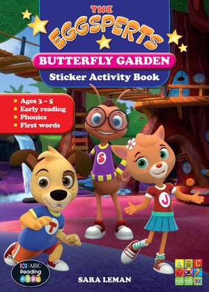 Front cover of The Eggsperts Butterfly Garden sticker activity book from ABC Reading Eggs, showing the Eggsperts characters