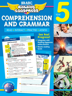 Front cover of the ABC Reading Eggspress Comprehension and Grammar Workbook for Year 5, showing the series branding and title