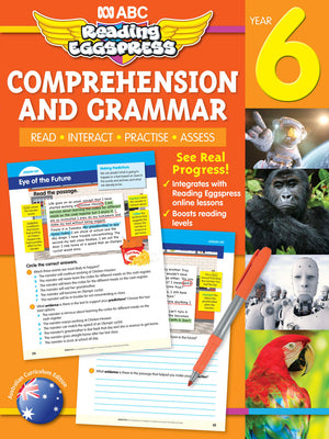 Front cover of the ABC Reading Eggspress Comprehension and Grammar Workbook for Year 6, showing the series branding and title