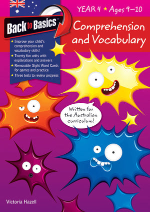 Front cover of the Blake's Back to Basics Comprehension and Vocabulary Year 4 workbook by Victoria Hazell, published by Pascal Press