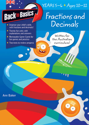 Front cover of the Blake's Back to Basics Fractions and Decimals Years 5-6 workbook from Pascal Press, shown as the main product image