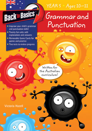 Front cover of the Blake's Back to Basics Grammar and Punctuation Year 5 workbook by Victoria Hazell, published by Pascal Press