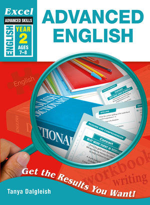 Front cover of Excel Advanced English Year 2, showing the Excel Advanced Skills series branding, title and year level
