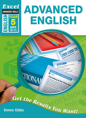 Front cover of Excel Advanced English Year 5, showing the Excel Advanced Skills series branding, title and year level