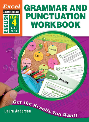 Front cover of Excel Grammar and Punctuation Workbook Year 4, showing the Excel Advanced Skills series branding, title and year level