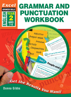 Front cover of Excel Grammar and Punctuation Workbook Year 2, showing the Excel Advanced Skills series branding, title and year level