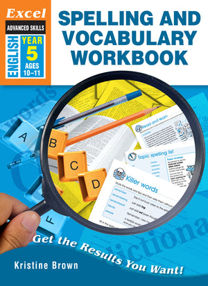 Front cover of the Excel Advanced Skills Spelling and Vocabulary Year 5 workbook from Pascal Press, shown as the main product image