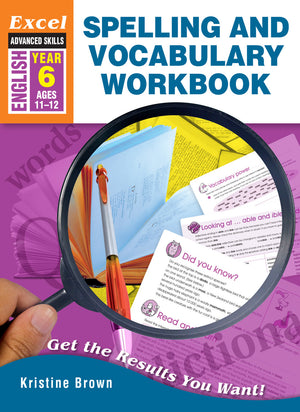Front cover of the Excel Advanced Skills Spelling and Vocabulary Year 6 workbook from Pascal Press, shown as the main product image