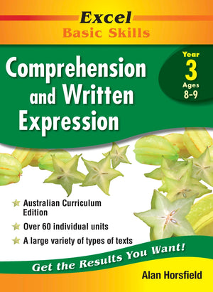 Front cover of the Excel Basic Skills Comprehension and Written Expression Year 3 workbook from Pascal Press, the main product image