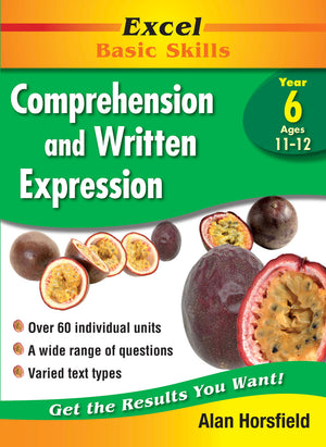 Front cover of the Excel Basic Skills Comprehension and Written Expression Year 6 workbook from Pascal Press, shown as the main product image