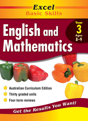 Front cover of Excel Basic Skills English and Mathematics Year 3 from Pascal Press showing the Excel series branding and book title