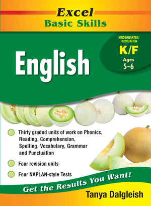 Front cover of the Excel Basic Skills English Kindergarten/Foundation workbook by Pascal Press, the main image in the publisher gallery