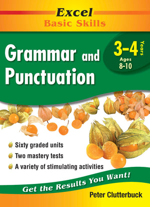 Front cover of the Excel Basic Skills Grammar and Punctuation Years 3-4 workbook from Pascal Press, shown as the main product image