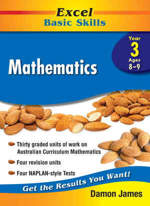 Front cover of the Excel Basic Skills Mathematics Year 3 workbook by Pascal Press, the main image in the publisher gallery
