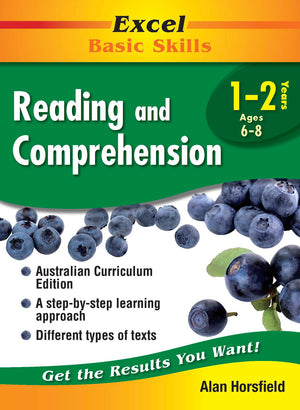 Front cover of the Excel Basic Skills Reading and Comprehension Years 1-2 workbook by Pascal Press, the main product image
