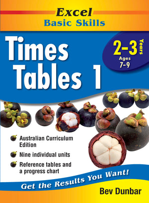Front cover of the Excel Basic Skills Times Tables 1 Years 2-3 workbook from Pascal Press showing the Excel branding, title and year level