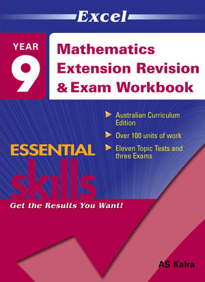 Front cover of Excel Essential Skills Mathematics Extension Revision and Exam Workbook Year 9 from Pascal Press, showing the Excel Essential Skills series branding and title