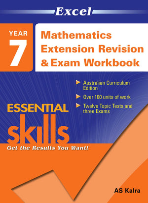 Front cover of Excel Essential Skills Mathematics Extension Revision and Exam Workbook Year 7 from Pascal Press, showing the Excel Essential Skills series branding and title