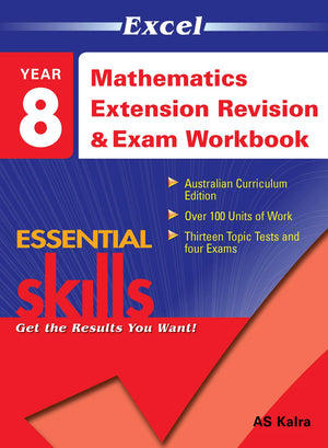 Front cover of Excel Essential Skills Mathematics Extension Revision and Exam Workbook Year 8 from Pascal Press, showing the Excel Essential Skills series branding and title