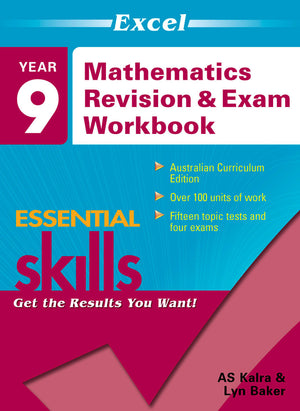 Front cover of Excel Essential Skills Mathematics Revision and Exam Workbook Year 9 from Pascal Press, showing the Excel Essential Skills series branding and title
