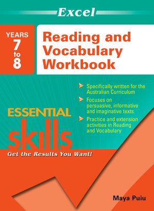 Front cover of the Excel Essential Skills Reading and Vocabulary Workbook Years 7-8 from Pascal Press