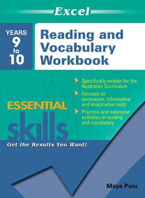 Front cover of the Excel Essential Skills Reading and Vocabulary Workbook Years 9-10 from Pascal Press