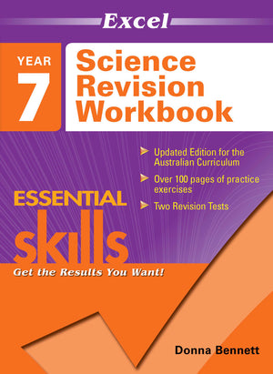 Front cover of the Excel Essential Skills Science Revision Workbook Year 7 from Pascal Press, shown as the main product image